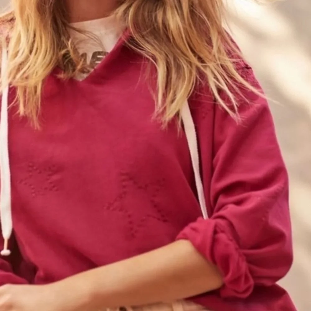 ANTHROPOLOGIE Saturday Sunday Crop Star Embroidered Hoodie‎ Raspberry Pink SZ XS - Picture 2 of 9